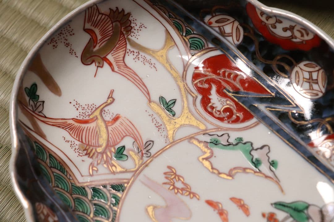 古伊万里 鳥の図 色絵 刺身皿 変形皿 五客 錦手 鴛鴦 鶴 瓢箪 CL96