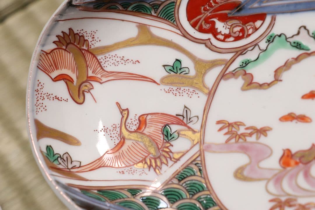 古伊万里 鳥の図 色絵 刺身皿 変形皿 五客 錦手 鴛鴦 鶴 瓢箪 CL96
