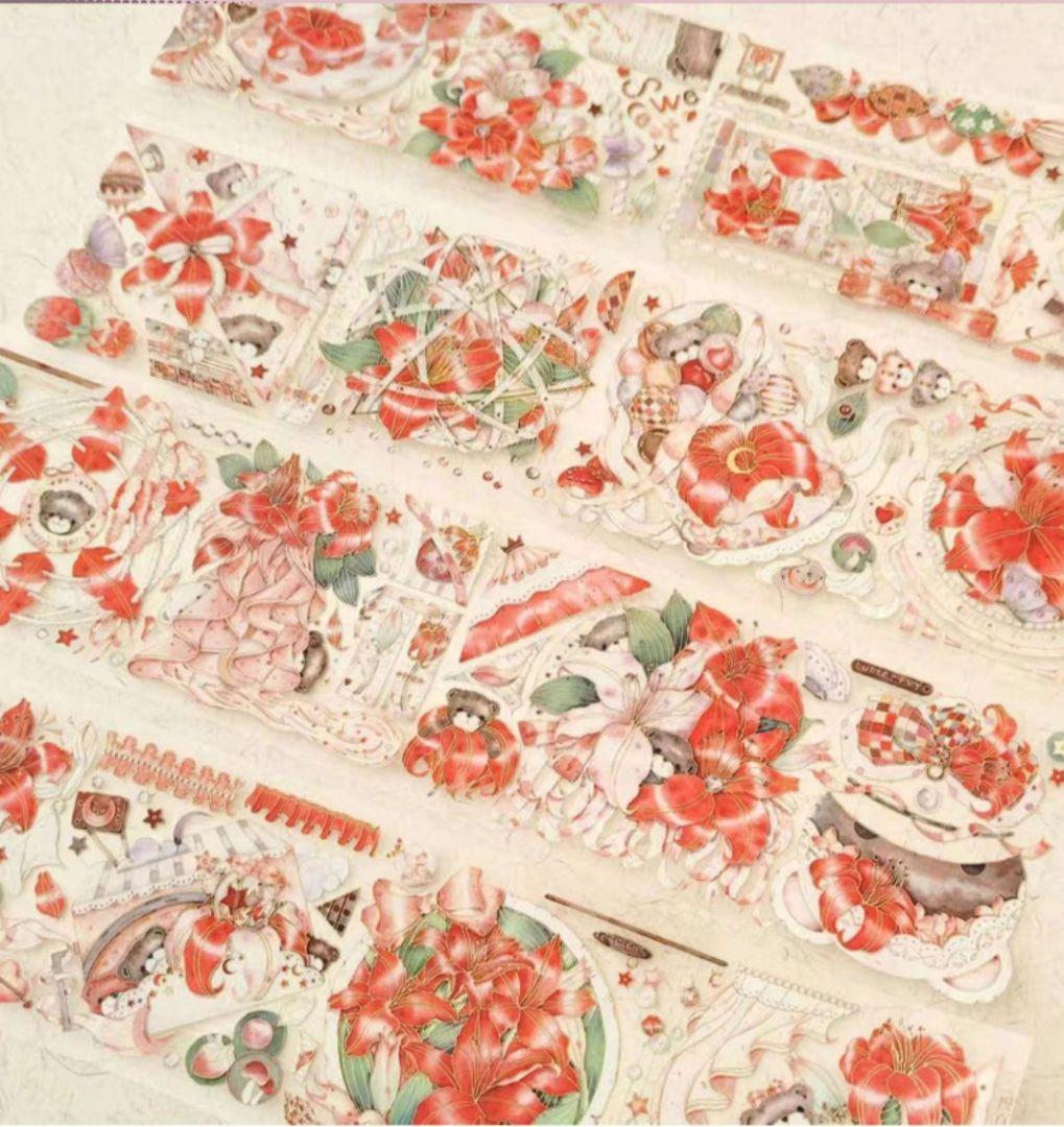 巻売 086★ 海外 マスキングテープ マステ PET 装飾 花 熊 金ホロ