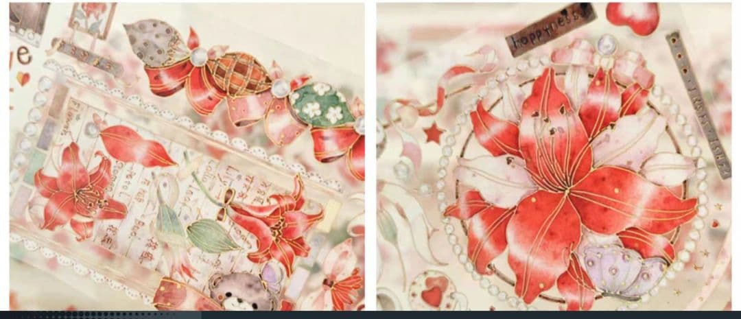 巻売 086★ 海外 マスキングテープ マステ PET 装飾 花 熊 金ホロ