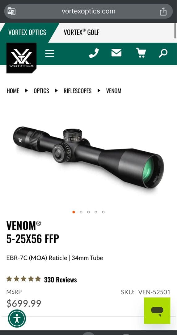 実物 Vortex ボルテックス Venom 5-25x56 FFP スコープ