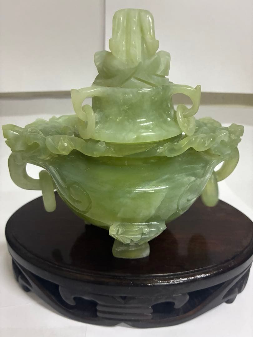 中国玉石彫刻*　双耳活環　獅子蓋　岫玉爐　1点　/置物オブジェ