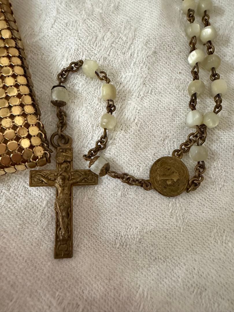 フランスアンティーク1920–30s ポーチ付き マザーオブパール ロザリオ