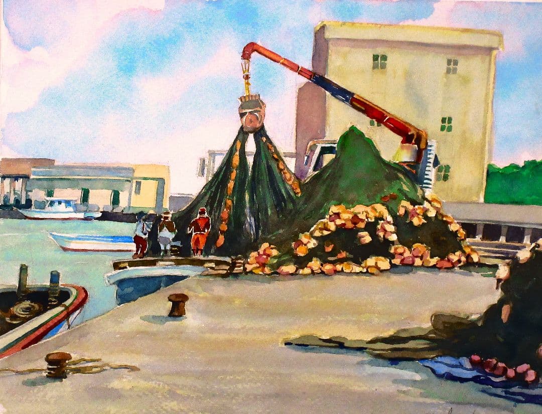 港の風景 水彩画 額装済み F6号