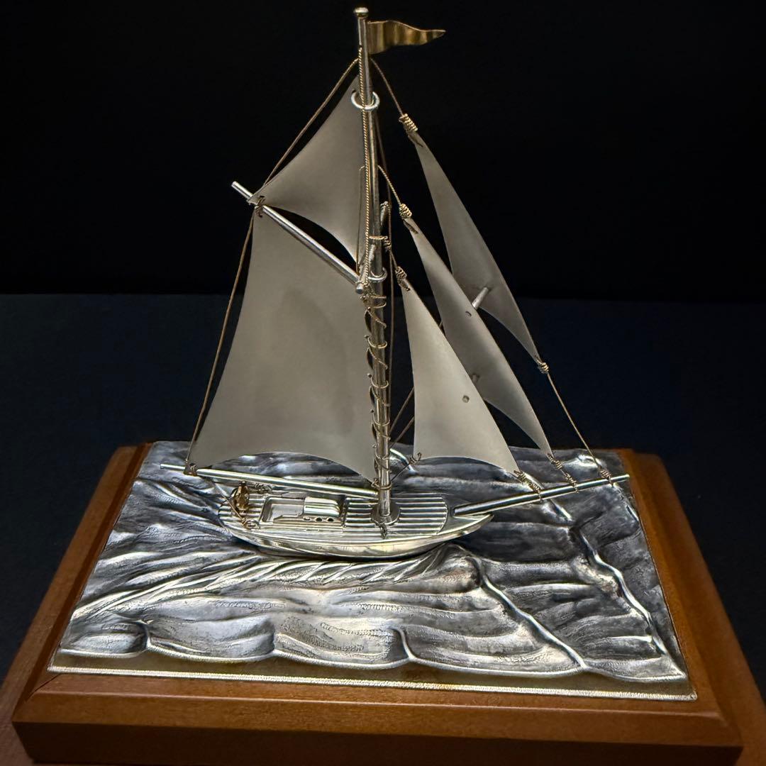 STERLING950　関製 銀製 帆船オブジェ ヨット模型 木製ケース付