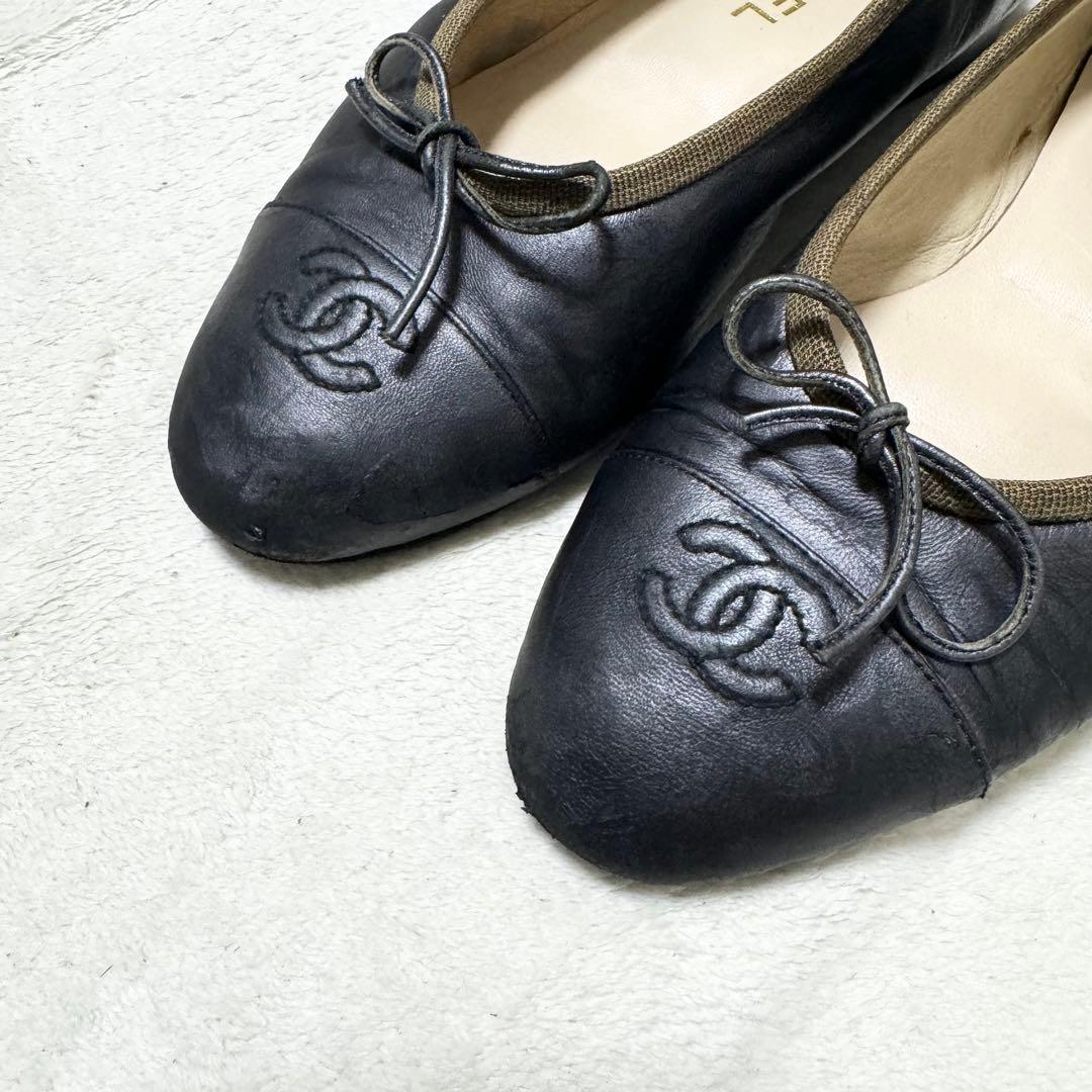 CHANEL シャネル　ブラックバレエシューズ　22cm ブラック　レザー　黒
