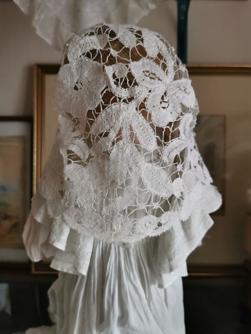 アンティーク ベルギーブルージュ ボビンレース ボネ リネンキャップ 三つ葉☘
