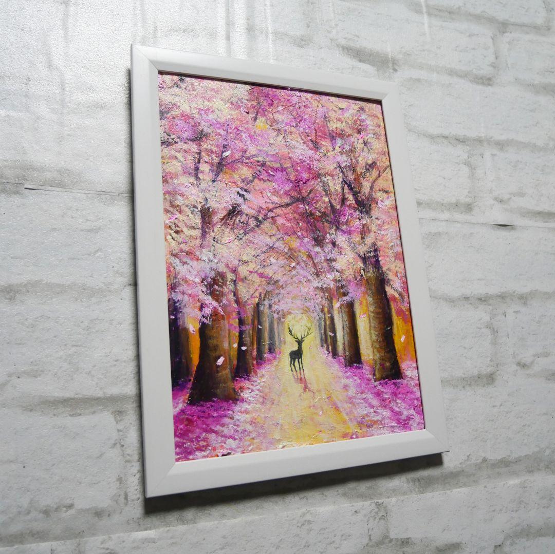 油絵 油彩 油彩画 絵 絵画【春景色の中で桜に立つ鹿】