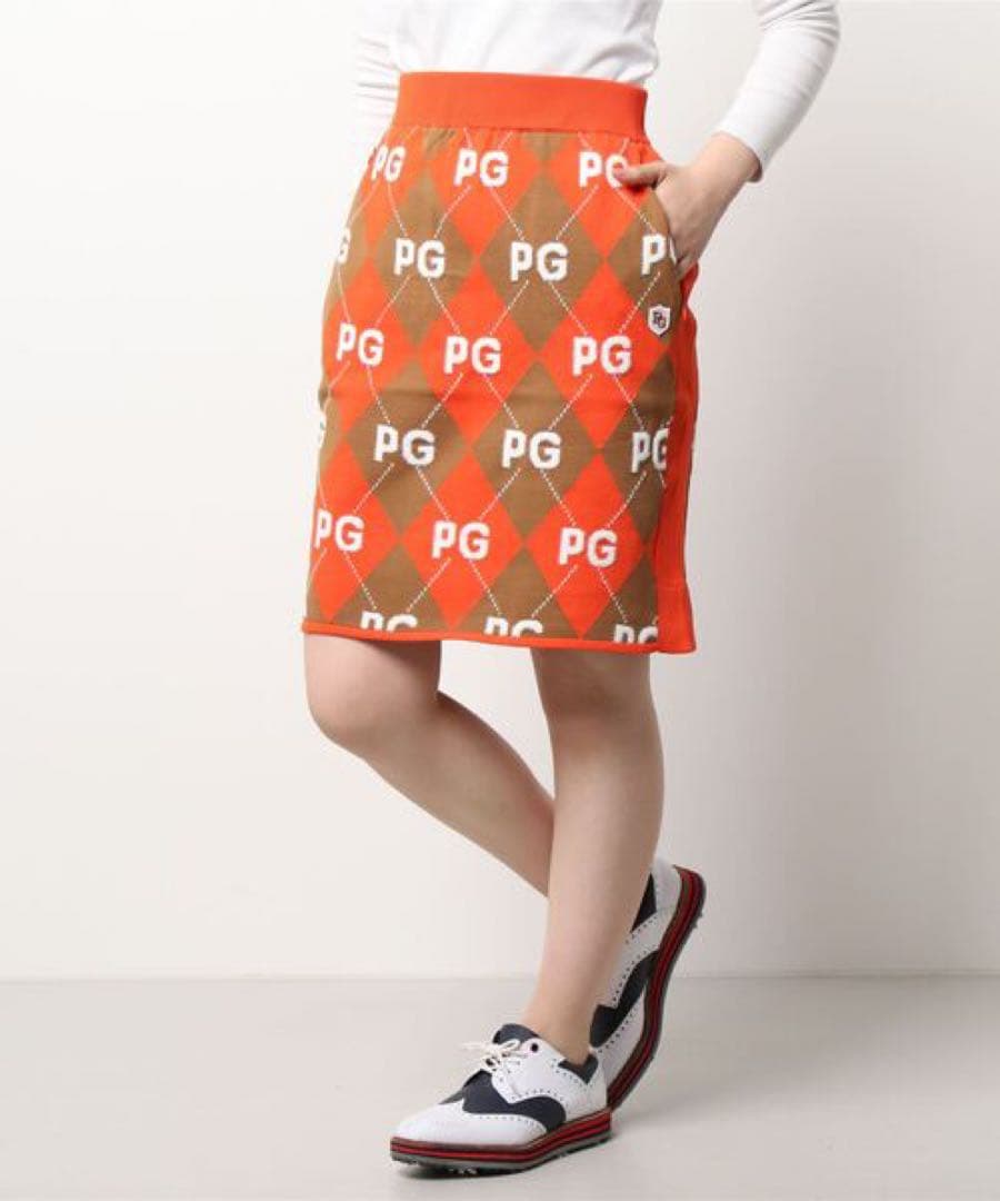 【新品】パーリーゲイツ　サイズ２　アーガイル柄＋モール ニットスカート　オレンジ