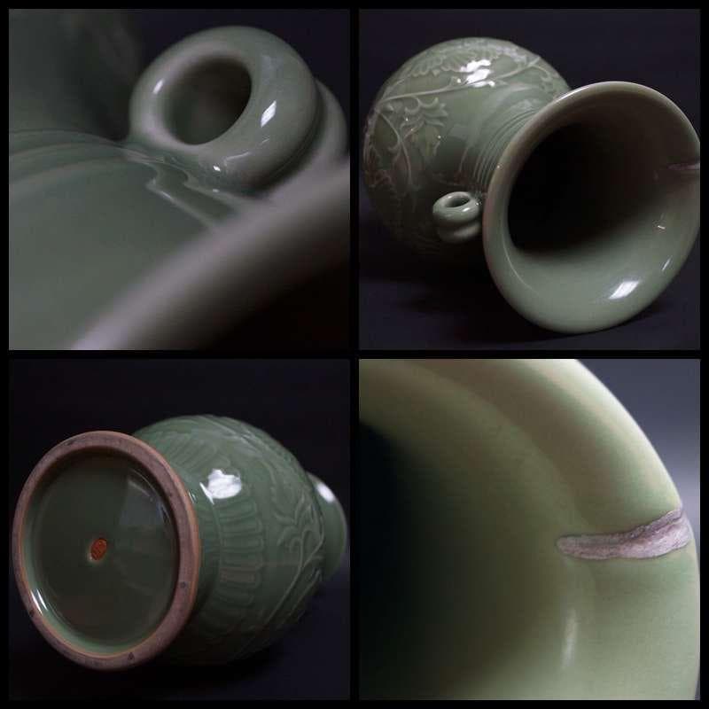 大正期平安三国丹祐作 青磁浮彫『牡丹唐草文』大型飾壺 花瓶 双環耳 高32.5㎝