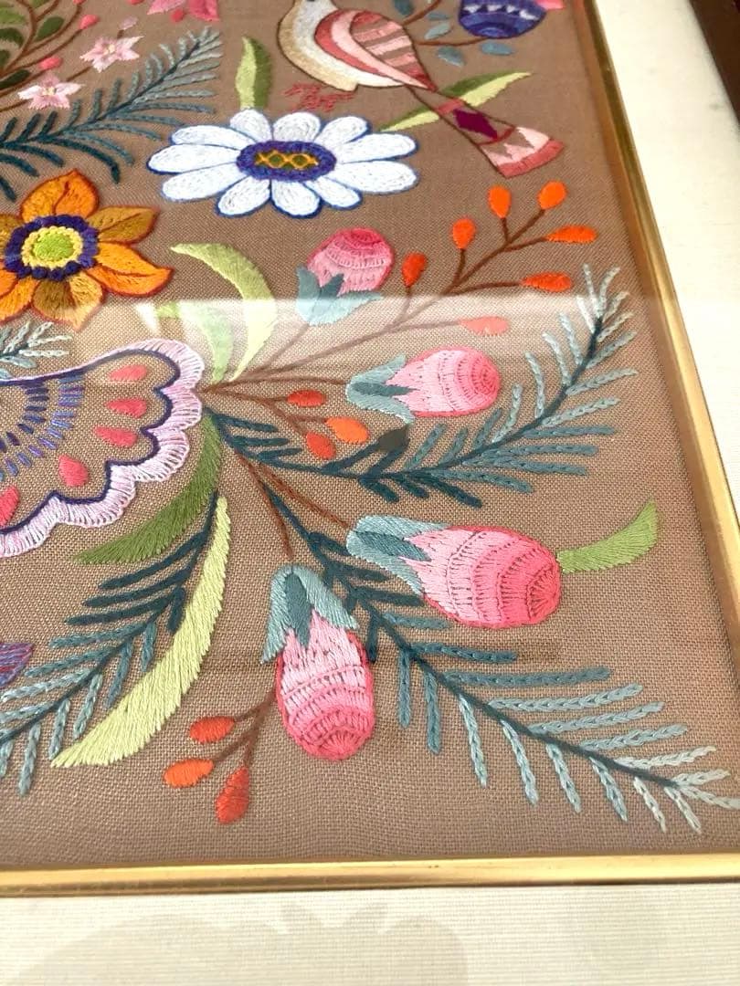 美品　戸塚刺繍　戸塚きく　初代作品　額　花　鳥　モダン