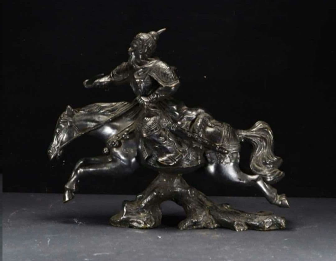 【レア珍品!】金工家作 銅製 大型騎馬武者像置物 幅55cm 重さ17.2kg