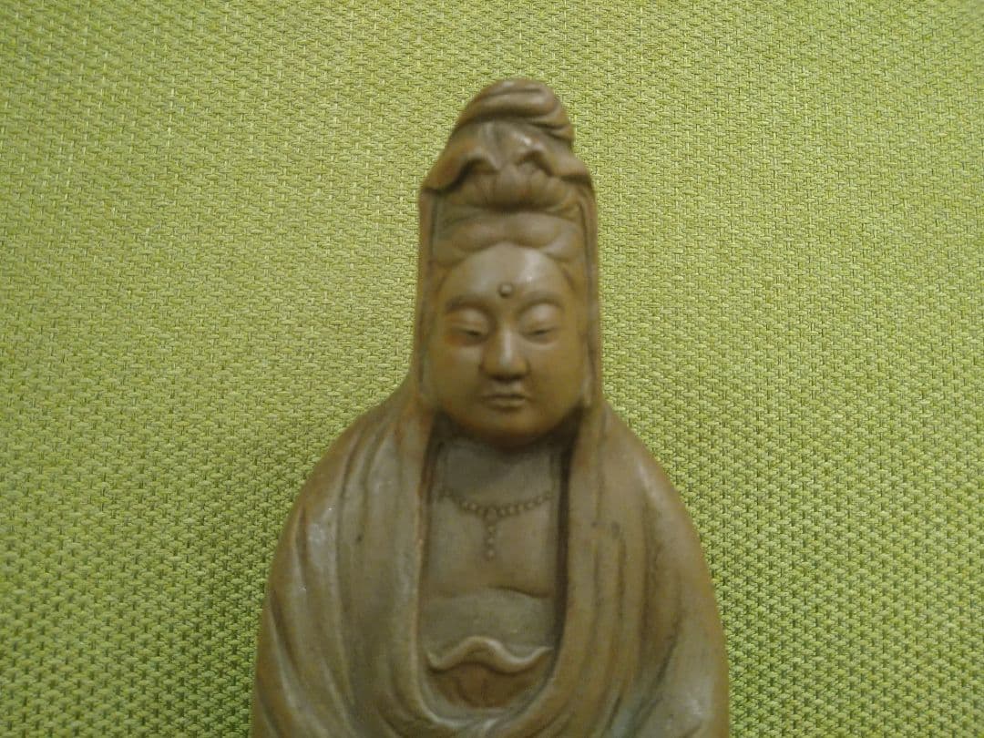 陶器製 仏像 座像、備前焼の観音様座像A1、№009、古い備前焼置物、希少品、