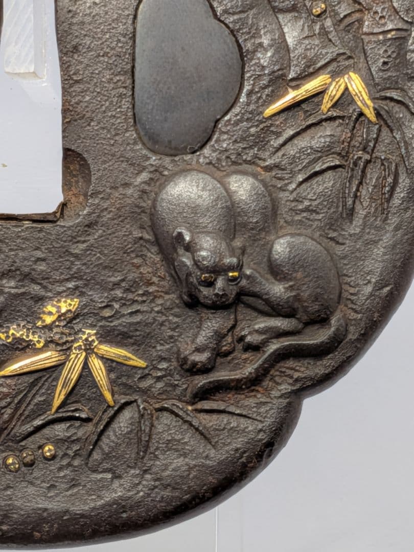 竹虎図鍔 鉄地 江戸期 9.65cm 大鐔 水戸 会津 箱付