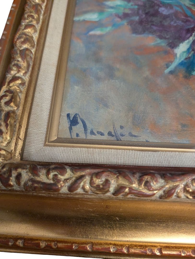 【真作】田中実一「花」油彩 サイン有 額装 師：安井曾太郎