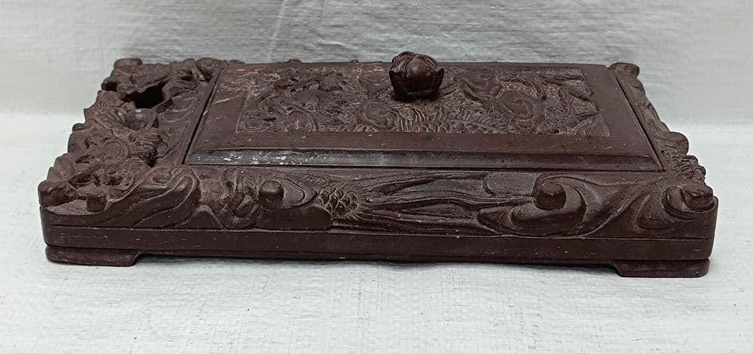 骨董品　大硯　雲龍彫刻　蓋付　書道具　3.45kg 中古品