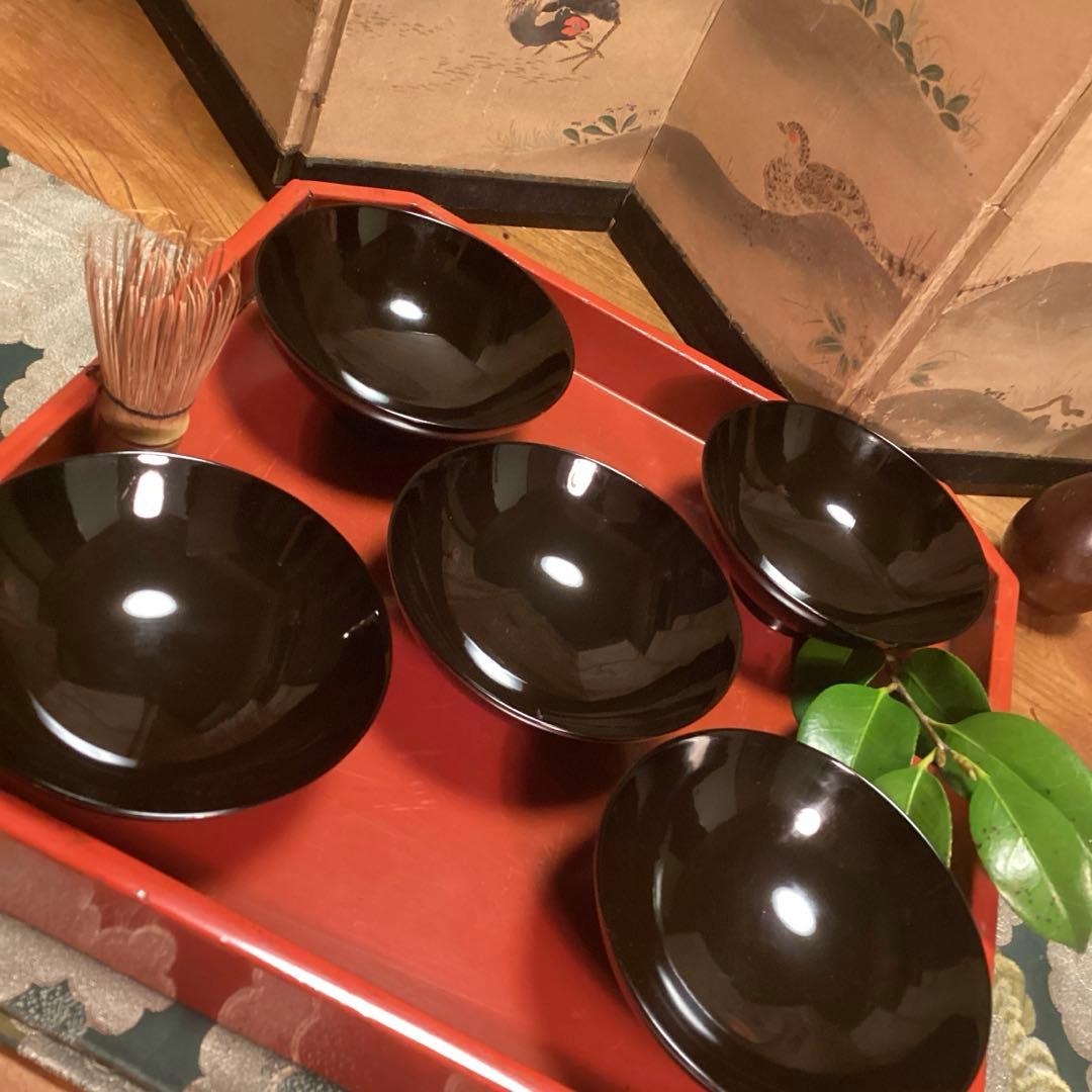 A915 木製輪島塗　黒塗　月に時鳥（ホトトギス）蒔絵　5客