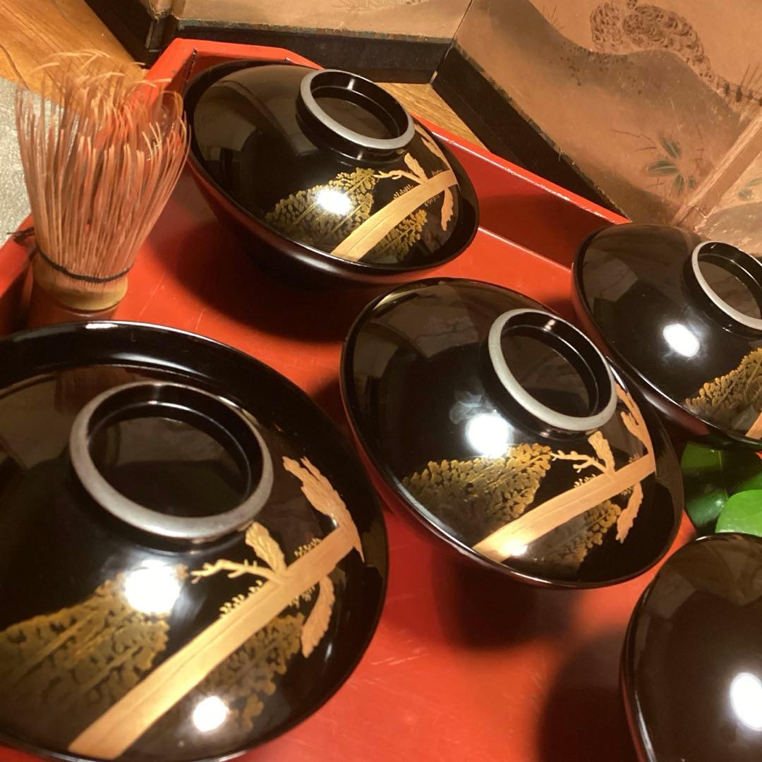 A915 木製輪島塗　黒塗　月に時鳥（ホトトギス）蒔絵　5客