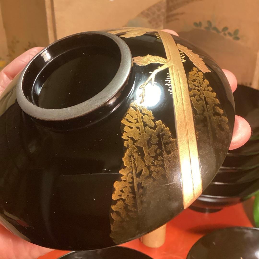 A915 木製輪島塗　黒塗　月に時鳥（ホトトギス）蒔絵　5客