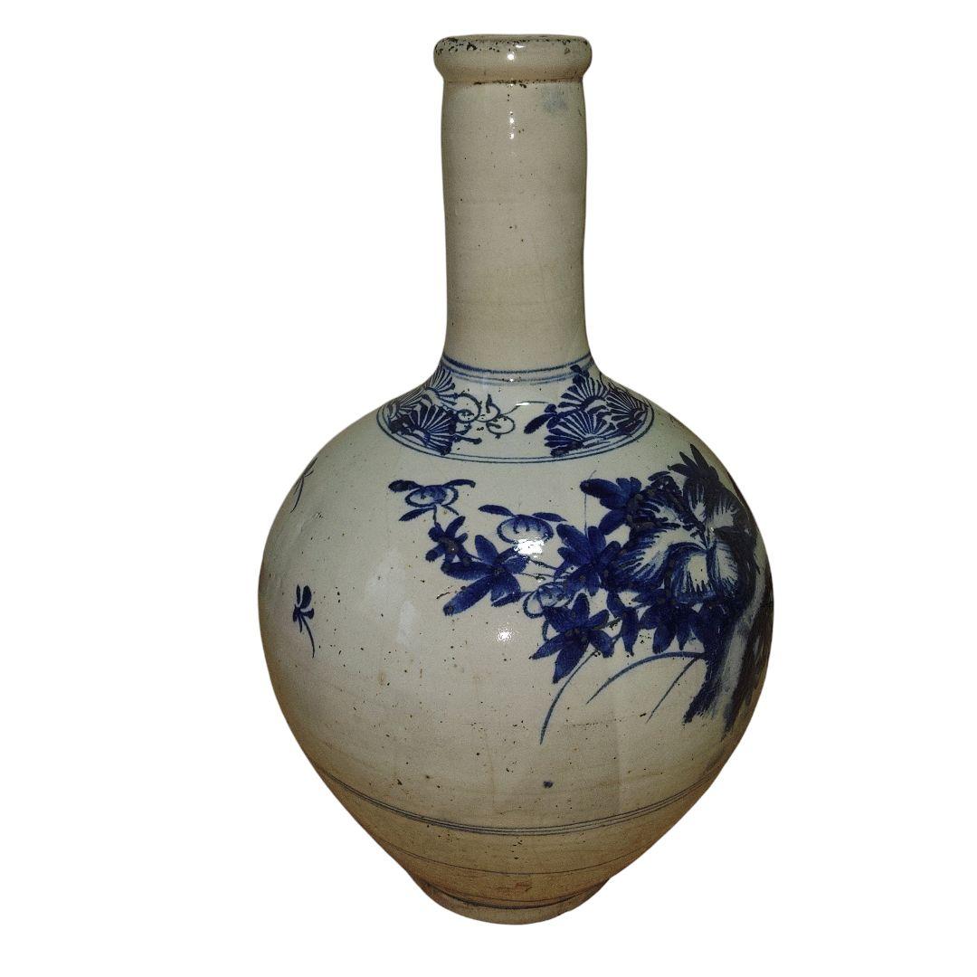 明治美術　越後豊栄　民窯大丘焼　四君子草花文染付徳利　高さ50cm