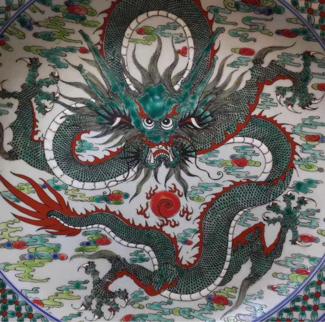 中国古美術・旧蔵粉彩陶芸・大清康熙年製　超大型盤龍彩飾皿・風水置物骨董品・極細工