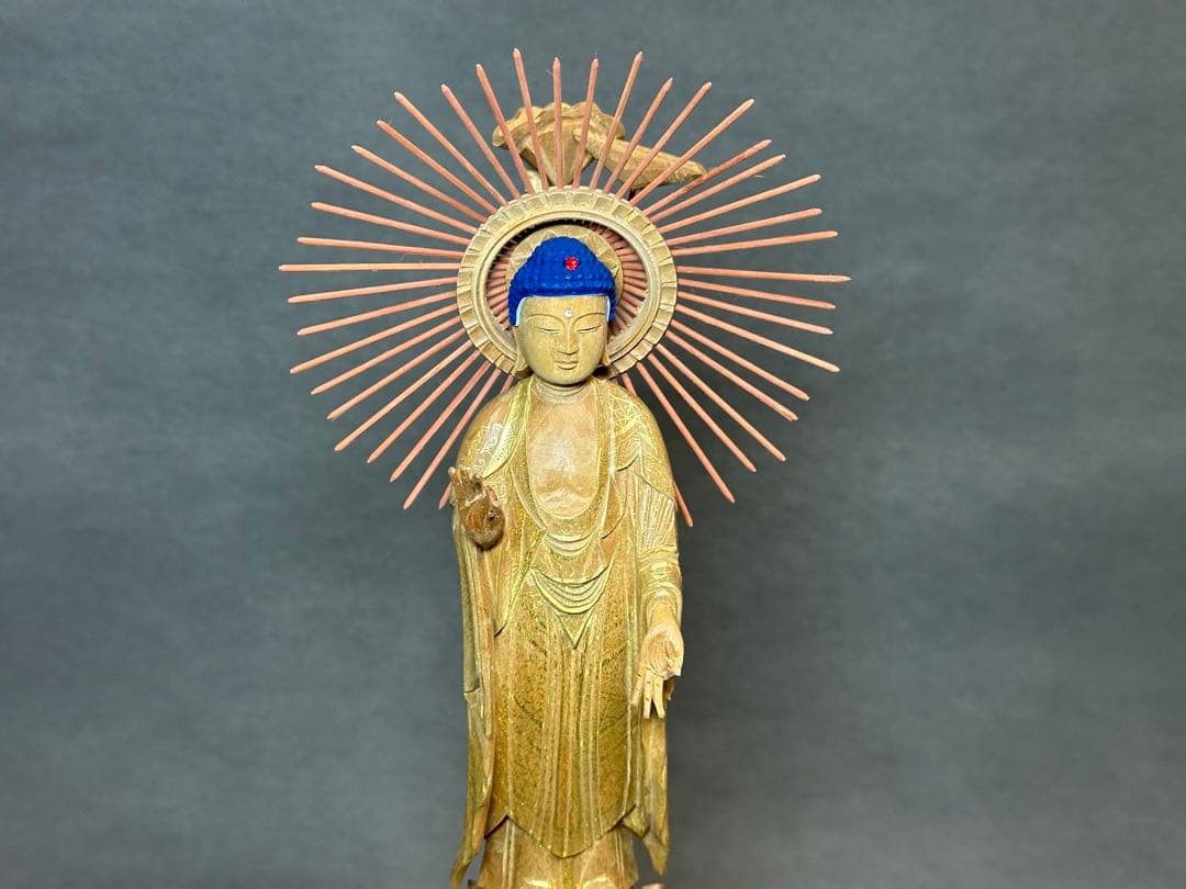 白檀　金泥書　丹型阿弥陀如来　4.5寸 六角ケマン台　木彫り　仏像アンティーク