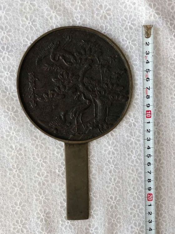 鶴亀に松文様　柄鏡　藤原金吉　アンティーク