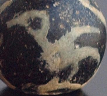 ジャワ発掘、珍しい横向き鳥マニック・ブルン　黒の胎に白で鳥・放射・Ｘ・環モチーフ