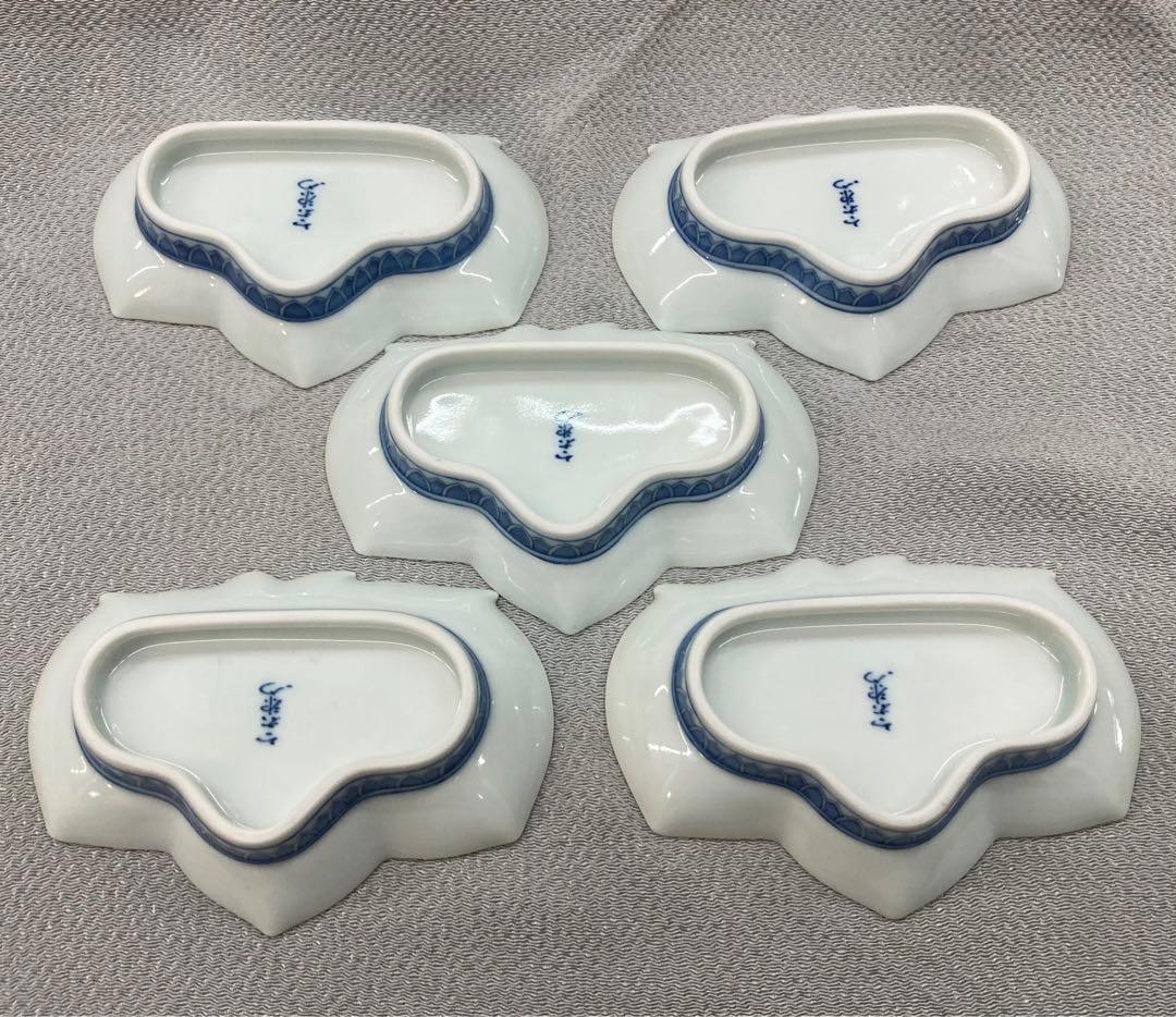 B100s  今泉今右衛門「色絵双桃変形小皿  5枚」  鍋島焼　箱無し　有田焼