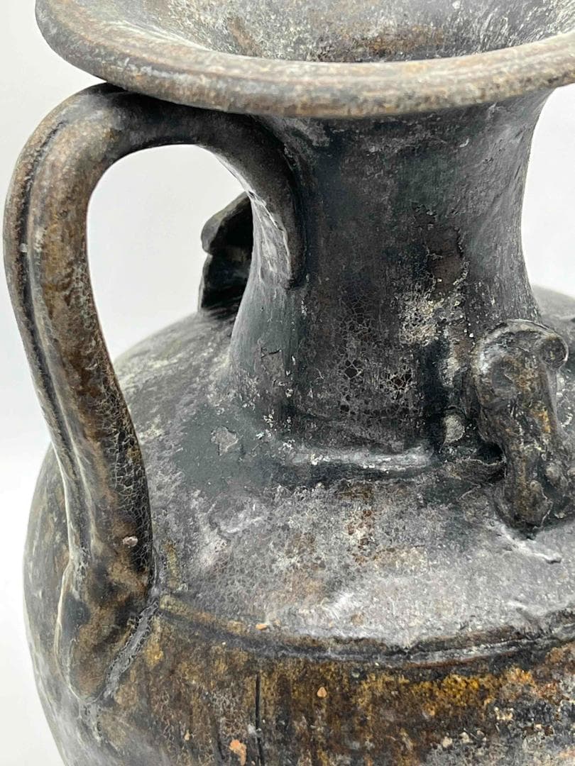 漢時代　黒褐釉瓜棱文長嘴双獸首耳執壺　長沙窯 水注　水差し(B-71)