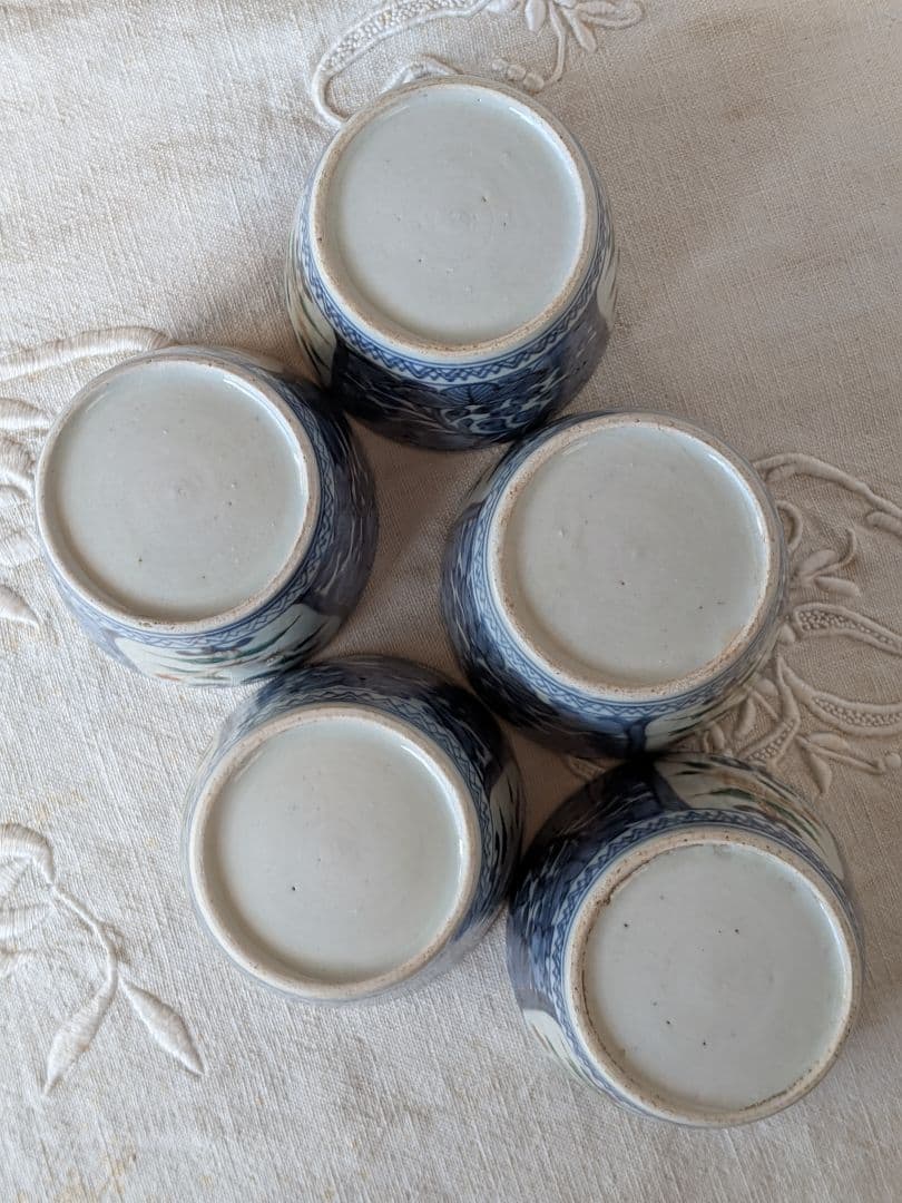 古伊万里 蕎麦猪口 5客セット 色絵染付 金彩アザミ図 江戸中期