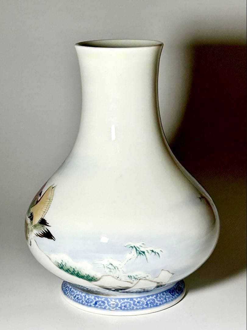 富永源六　釉下彩雪景鴨図花瓶　源六焼　嬉野焼　有田　伊万里