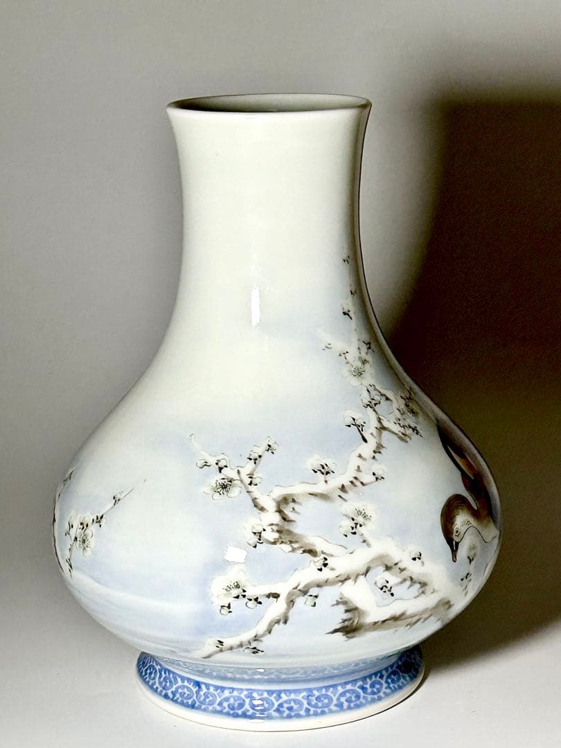 富永源六　釉下彩雪景鴨図花瓶　源六焼　嬉野焼　有田　伊万里