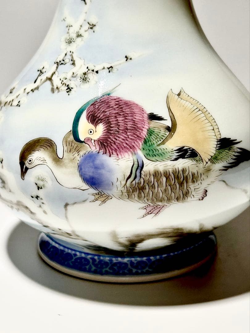 富永源六　釉下彩雪景鴨図花瓶　源六焼　嬉野焼　有田　伊万里