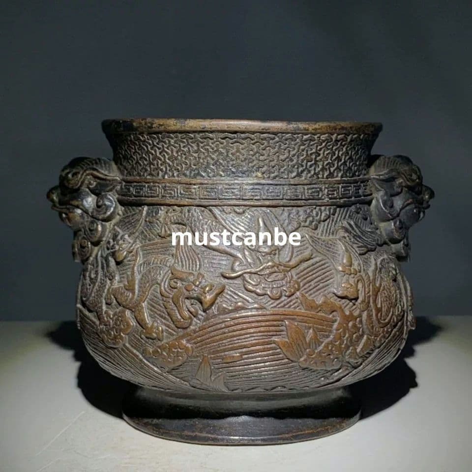 香炉 浮彫り竜紋獣耳香炉 挿し香炉 銅製品 工芸品 置物