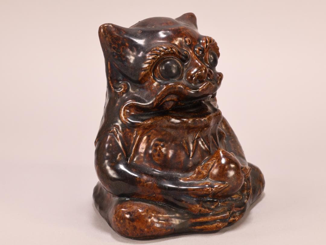 BK400　江戸期　古瀬戸焼　在銘あり　飴釉薬　鬼置物　魔除　風水