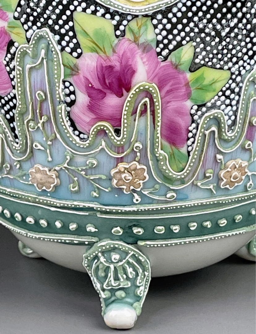 【希少】オールドニッポン 薔薇紋 一陳盛上げ アールヌーボー 花瓶 ビーディング