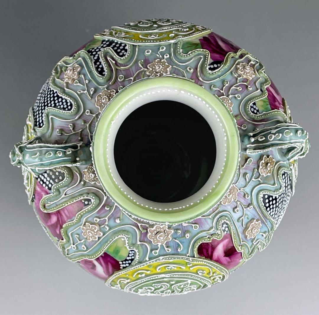 【希少】オールドニッポン 薔薇紋 一陳盛上げ アールヌーボー 花瓶 ビーディング