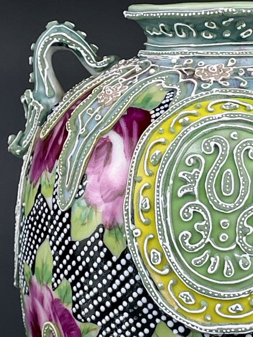 【希少】オールドニッポン 薔薇紋 一陳盛上げ アールヌーボー 花瓶 ビーディング