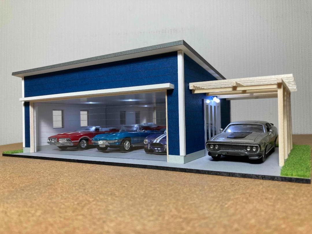 ミニカー用ジオラマ：1/43 木造パーゴラ付ガレージ（ダークブルー）ミラー貼り