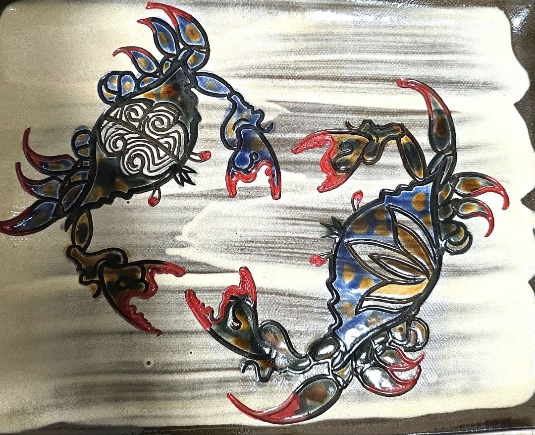 ⑦宮城三成 月夜 良縁 蟹紋 平角皿2枚セット 沖縄 人間国宝孫 やちむん