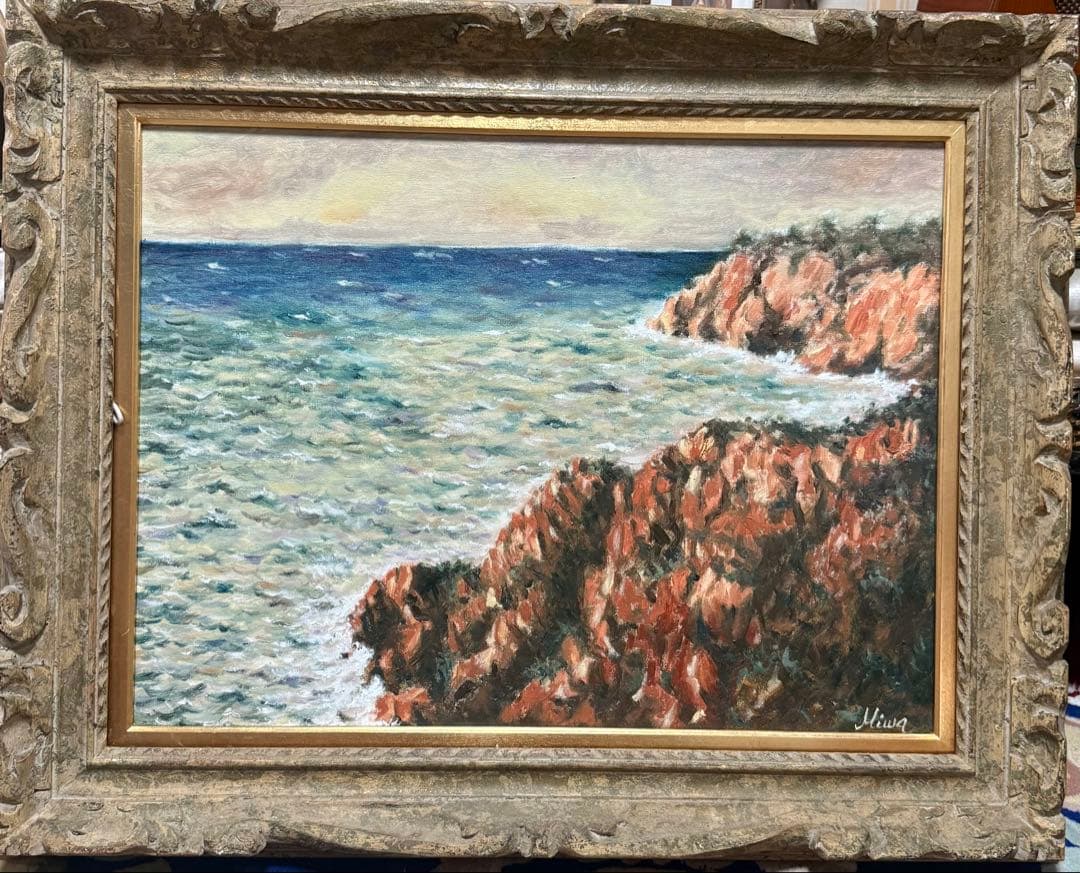 ロスアンゼルスにて　海の風景 三輪作 油彩画 P12サイズ板に油彩画　0918