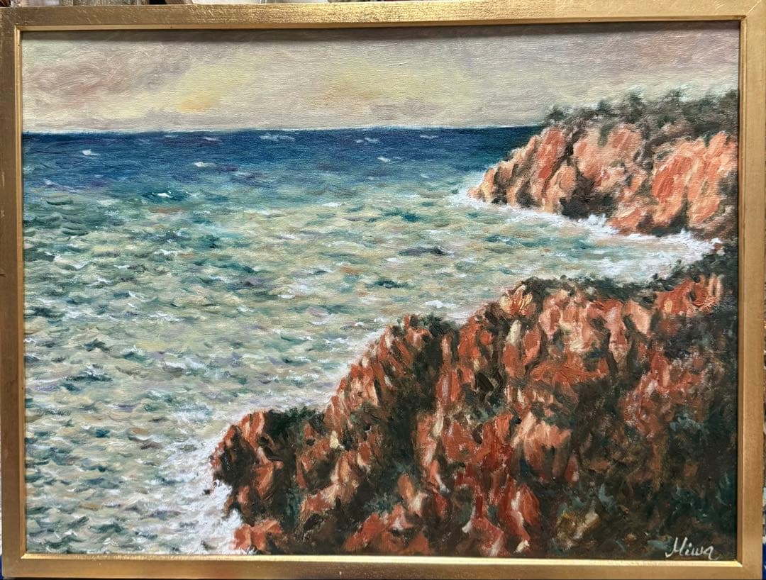 ロスアンゼルスにて　海の風景 三輪作 油彩画 P12サイズ板に油彩画　0918