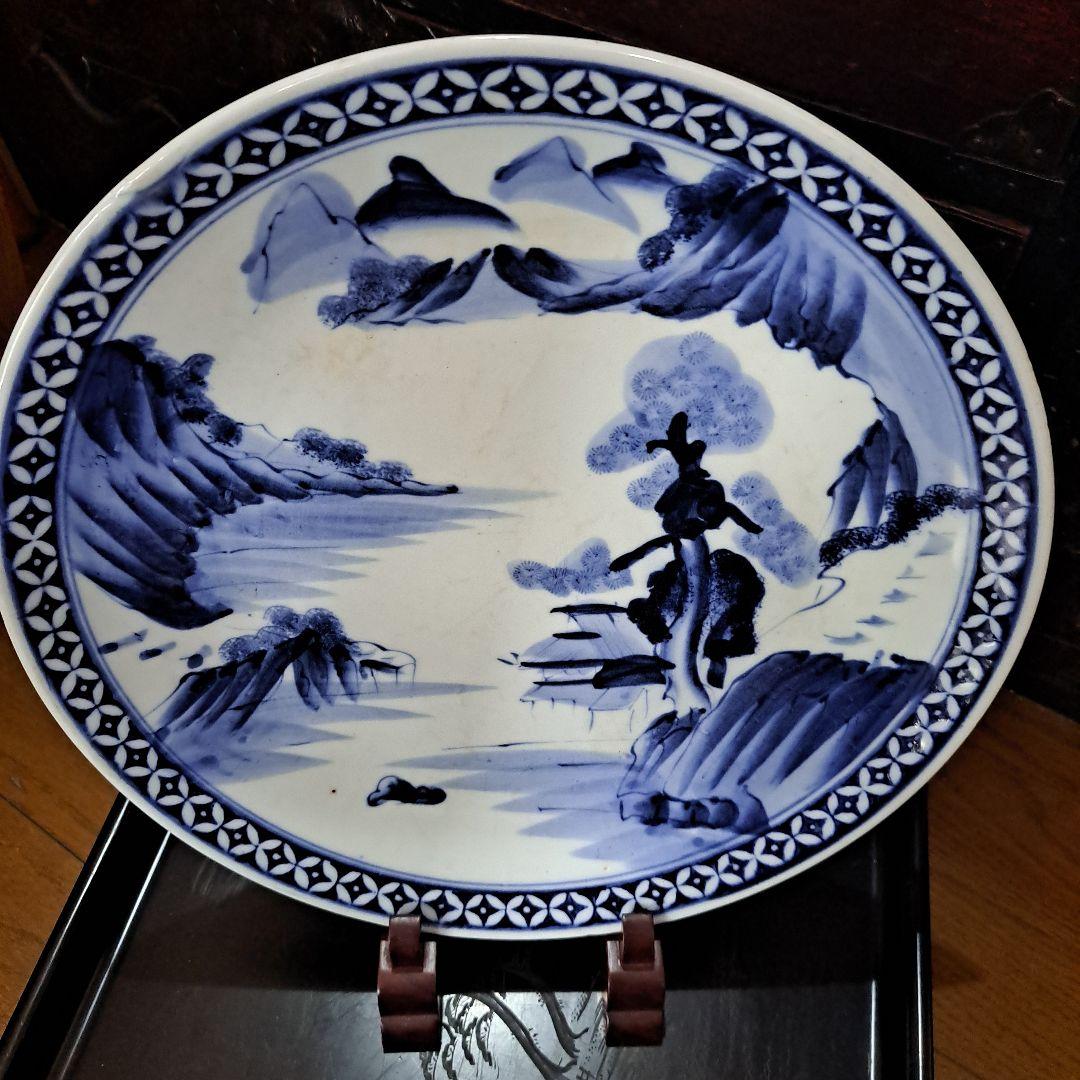 江戸初期　呉須　古伊万里　極上　七宝　楼閣山水図　角渦福　大皿