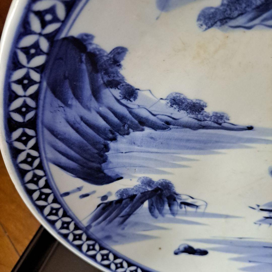 江戸初期　呉須　古伊万里　極上　七宝　楼閣山水図　角渦福　大皿