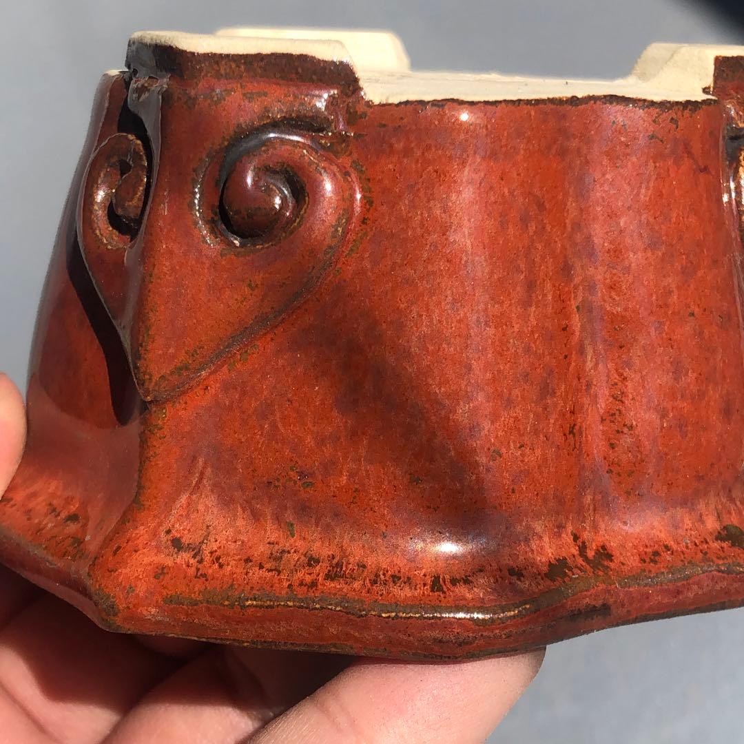 157.石舟 赤鉄釉飾足鉢 盆栽鉢 植木鉢 10*5.5cm