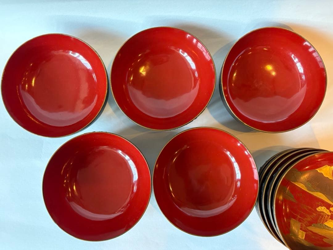 明治　大正期　会津塗　鉄錆塗　蒔絵　富士山　木製　蓋付き　お椀　梅鶯　内朱　5客