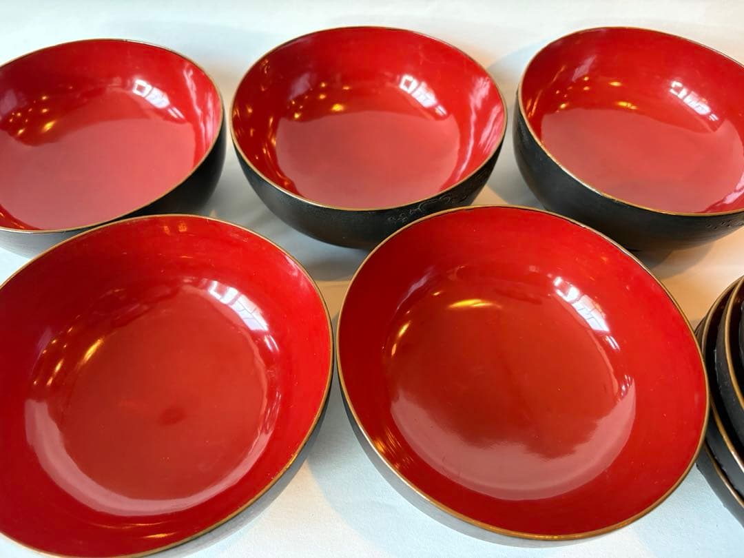 明治　大正期　会津塗　鉄錆塗　蒔絵　富士山　木製　蓋付き　お椀　梅鶯　内朱　5客