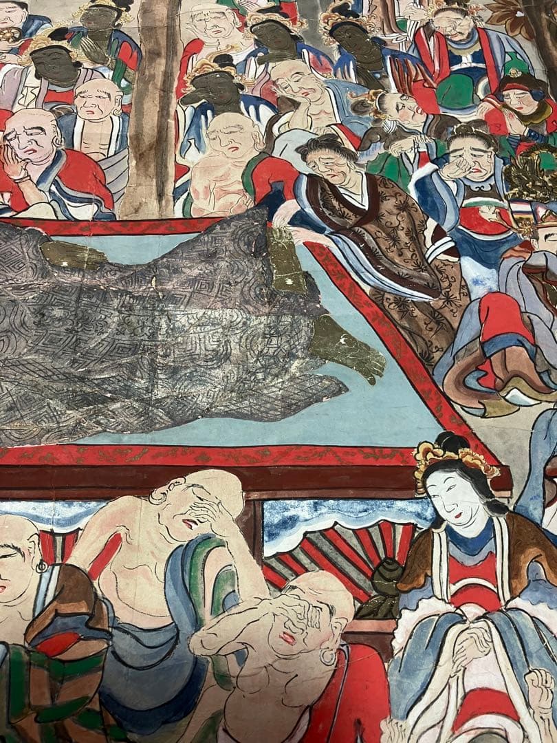 掛軸 釈迦涅槃図 大幅軸 紙本 彩色 仏画 仏教美術 年代物 時代物 合箱