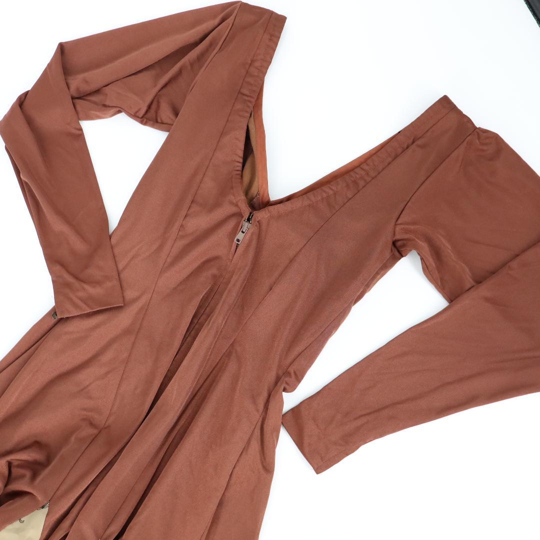 【美品フラメンコ衣装】光沢ブラウン×刺繍花柄 ドレス 大きく広がる裾 ワンピース